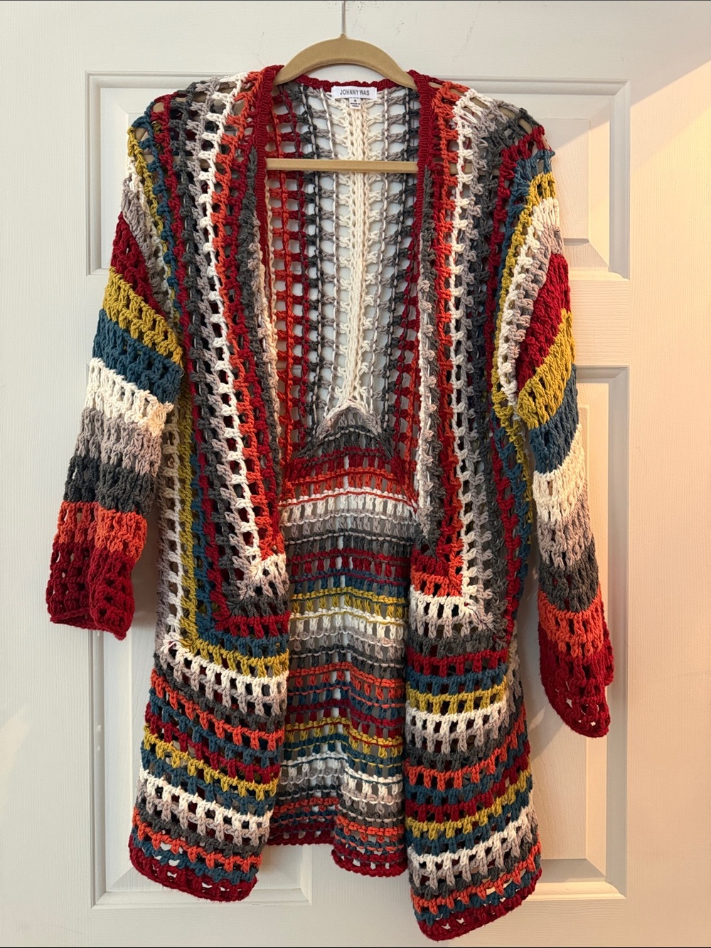 Johnny Was Multicolor Crochet Open-Front Cardigan – Red, Blue, Yellow, Cream